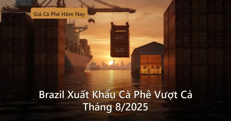 Cảng xuất khẩu cà phê với container hàng chờ vận chuyển, minh họa xuất khẩu cà phê Brazil tăng vọt