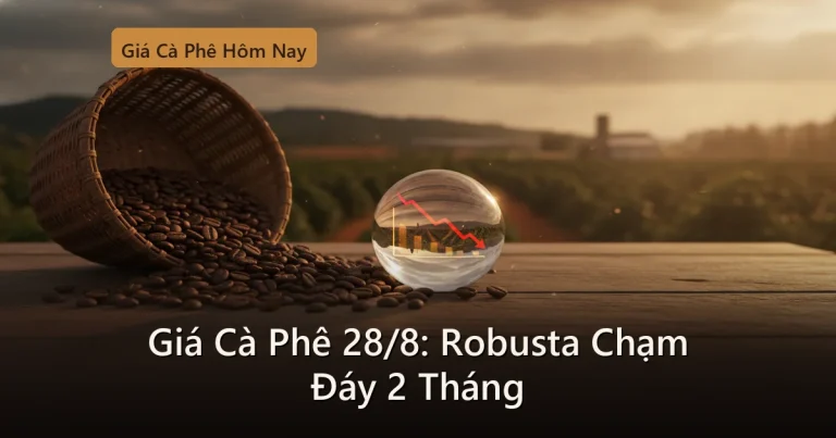Hạt cà phê Robusta bên biểu đồ giá đi xuống, minh họa phiên giảm giá cà phê ngày 28/8/2026