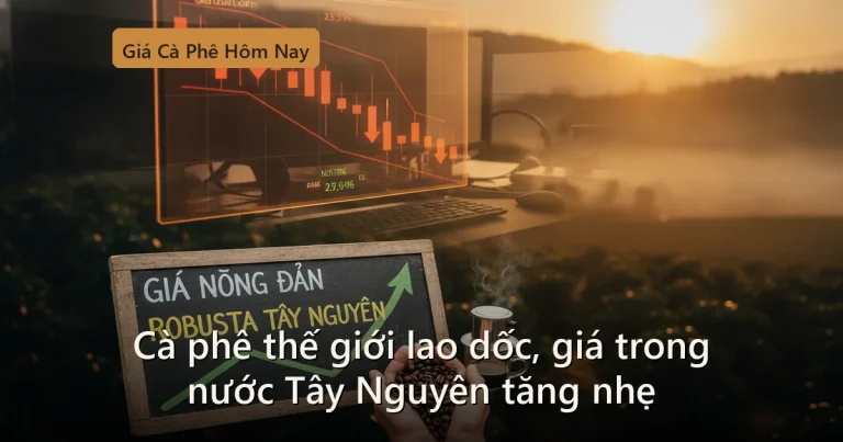 Hạt cà phê Robusta Tây Nguyên bên biểu đồ giá London đi xuống, minh họa phiên giao dịch 22/8/2026