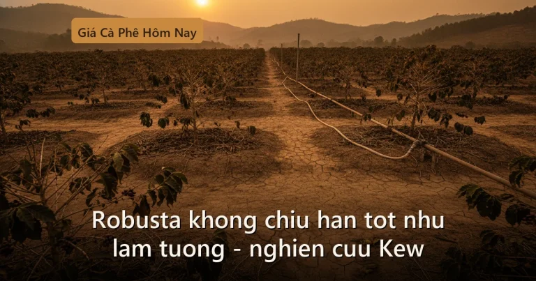 Vườn cà phê Robusta Tây Nguyên trong mùa khô, đất nứt nẻ và hệ thống tưới